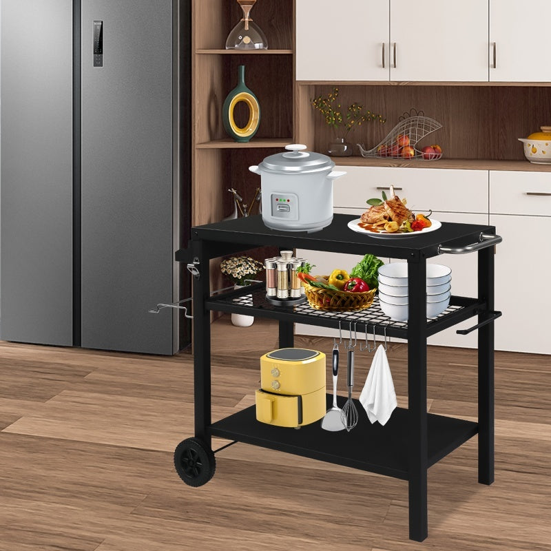 All Black Iron Movable Barbecue Cart With Mesh Basket