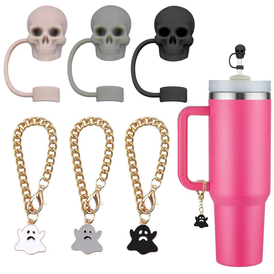 Skull Straw Cover Cap Halloween Straw Cover Caps 10mm for Stanley Cups Stanley Cup Accessories (3 Caps + 3 Chains)