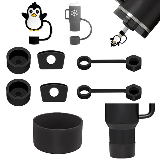 Stanley Cup Accessories Including 6Pcs Silicone Spill Proof Stopper 2Pcs Stanley Straw Cover Caps For 10mm Straw 2Pcs Stanley Cup Boots For Stanley 40 oz Tumbler Cute Stanley Straw Topper (Black)