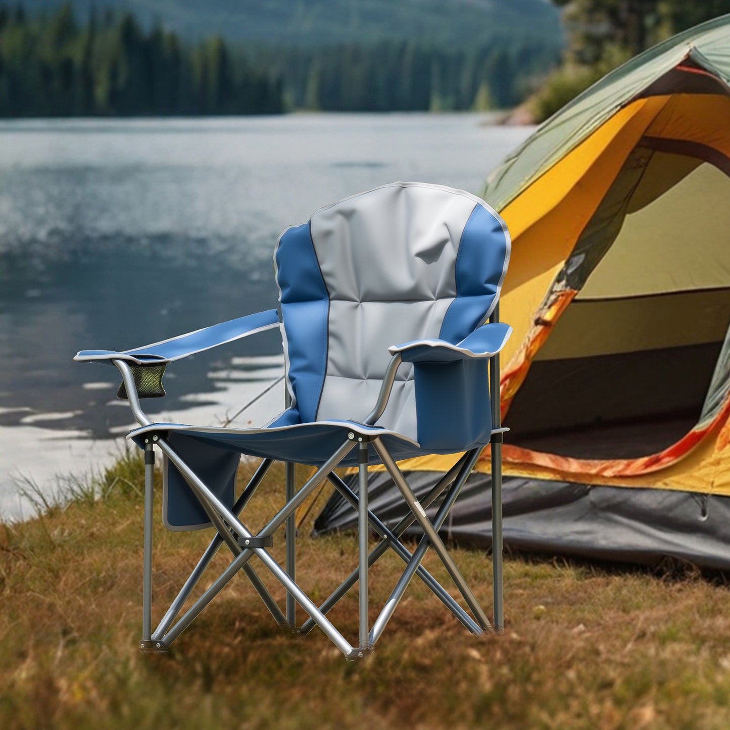 Oversized Camping Folding Chair, Heavy Duty Padded Chair With Cup Holder Storage And Cooler Bag, 5000 LBS Steel Frame, Portable For Outdoor
