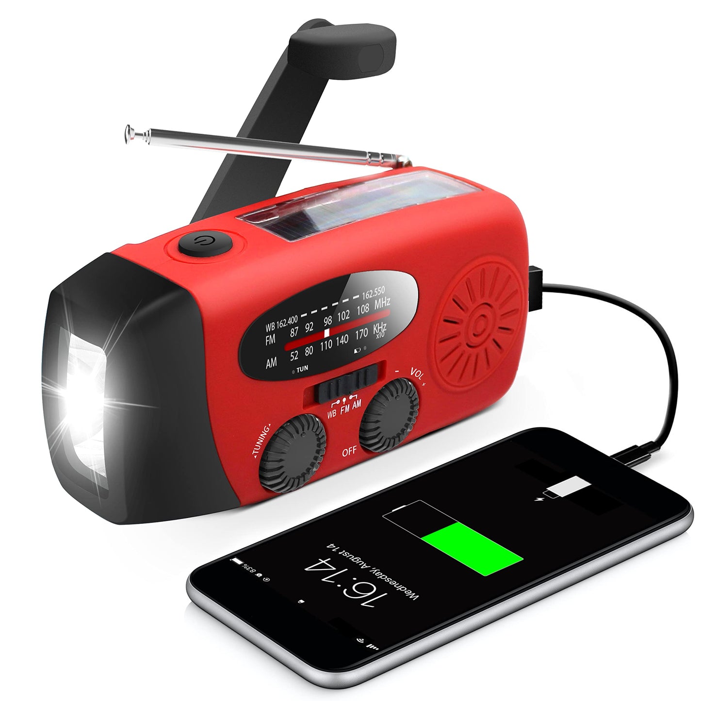 AM/FM/NOAA対応緊急手回しラジオ 懐中電灯付き 2000mAhパワーバンク内蔵 携帯電話充電対応 USB充電 ソーラー充電 キャンプや緊急時に