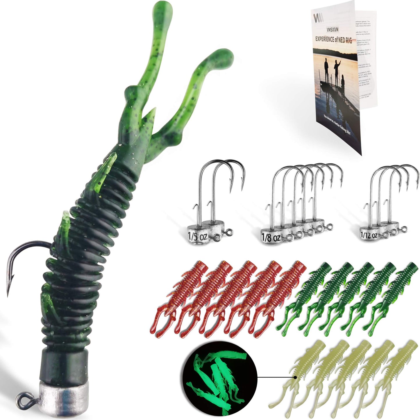 VMSIXVM Ned Rig Jig Heads Fishing Lures kit Ned Rigs Jighead with Soft Plastic Worms Stick Baits Ned Rig Hooks Ned Worm Combo for Bass Fishing Finesse Mushroom Jig Head Freshwater Saltwater