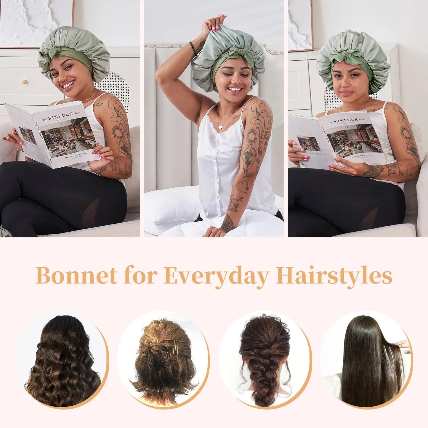 就寝用シルクボンネット（女性用）、就寝用サテン製ヘアボンネット（波状、巻き毛、天然パーマの女性・男性向け）- グリーン