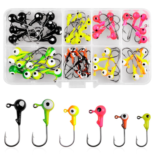AGOOL Fishing Jig Heads Hooks Kit 35/60pcs Fishing Lures Jig Heads with Ball Head Crappie Jig Heads Fishing Jig Hooks for Bass Trout Soft Worm Shrimp Lures Freshwater Saltwater