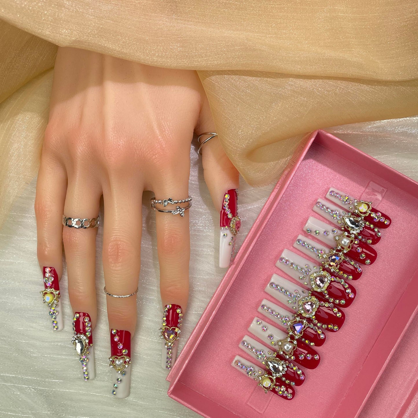 GGDDSHA Nails 10pcs Handmade Press On Nails - GlitterGold Diamond Extra Long Stiletto Reusable Gel UV FinishedFalse Nails, Designer Fashion 3D Hand-painted NailsMedium Size,Harmony Spark