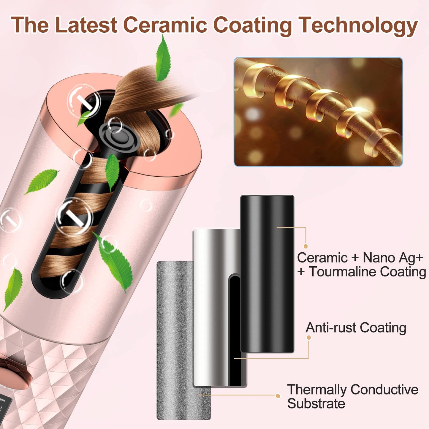 ポータブル自動ヘアアイロン、セラミック回転式コードレス自動カーリングアイロンワンド、ヘアスタイリング用ポータブルUSB充電式スピンカーラー