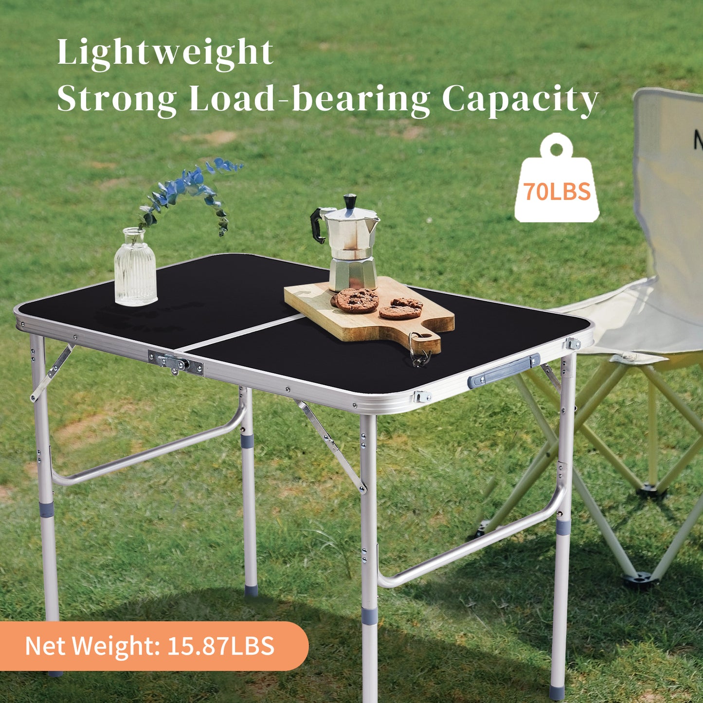 3ft Black Outdoor Folding Table Aluminum Alloy Rectangular 50kg Two Fold Tabletop