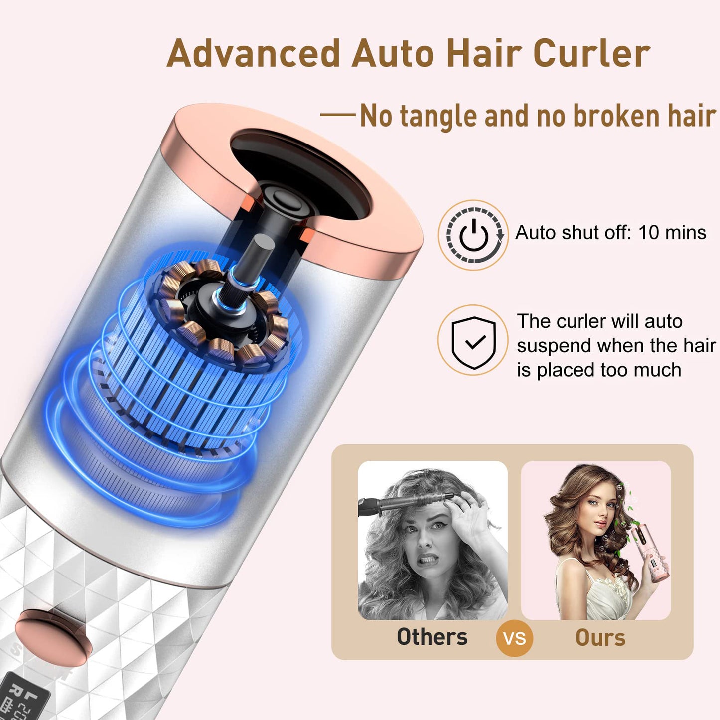 ポータブル自動ヘアアイロン、セラミック回転式コードレス自動カーリングアイロンワンド、ヘアスタイリング用ポータブルUSB充電式スピンカーラー