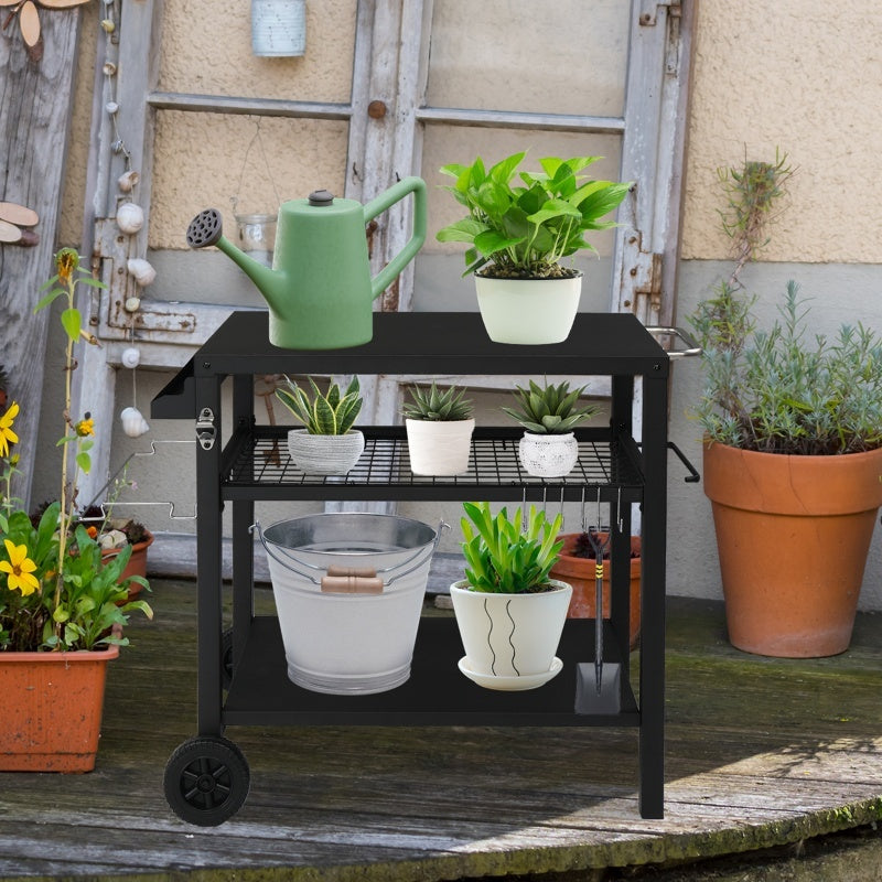 All Black Iron Movable Barbecue Cart With Mesh Basket