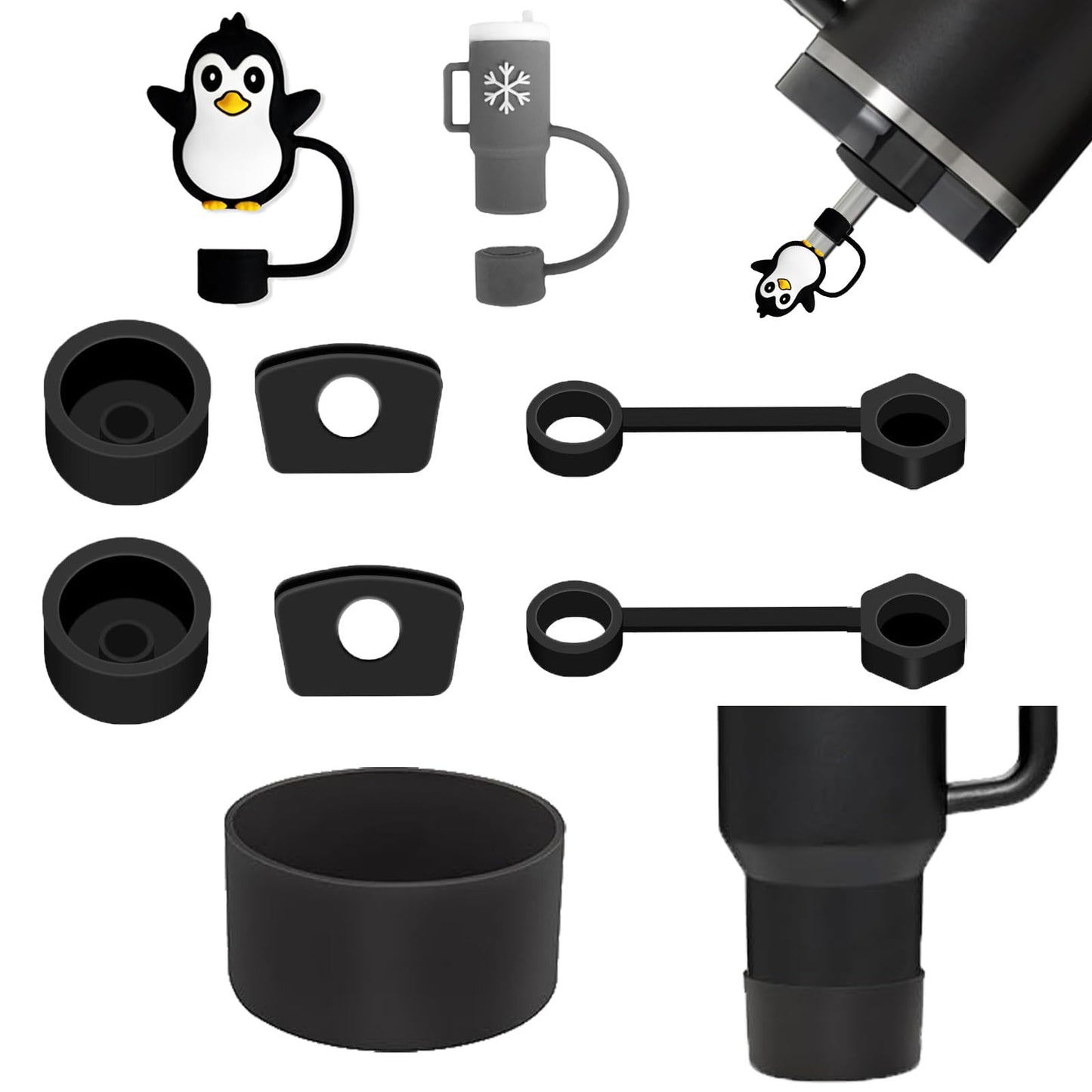 Stanley Cup Accessories Including 6Pcs Silicone Spill Proof Stopper 2Pcs Stanley Straw Cover Caps For 10mm Straw 2Pcs Stanley Cup Boots For Stanley 40 oz Tumbler Cute Stanley Straw Topper (Black)