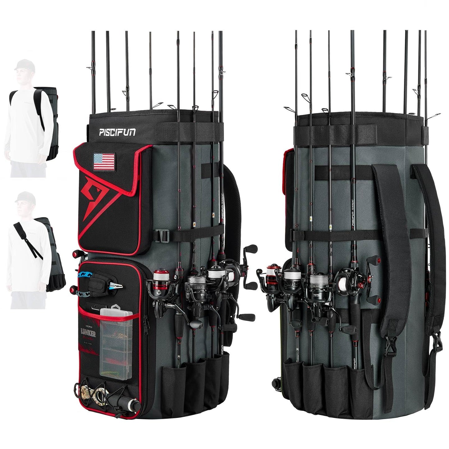 Piscifun Fishing Rod Bag Holds 8 Rods & Reels 70L Large Storage Fishing Rod Case Foldable Fishing Pole Bag for Carrying Fishing Gear and Equipment Portable Fishing Rod Storage Bag Red