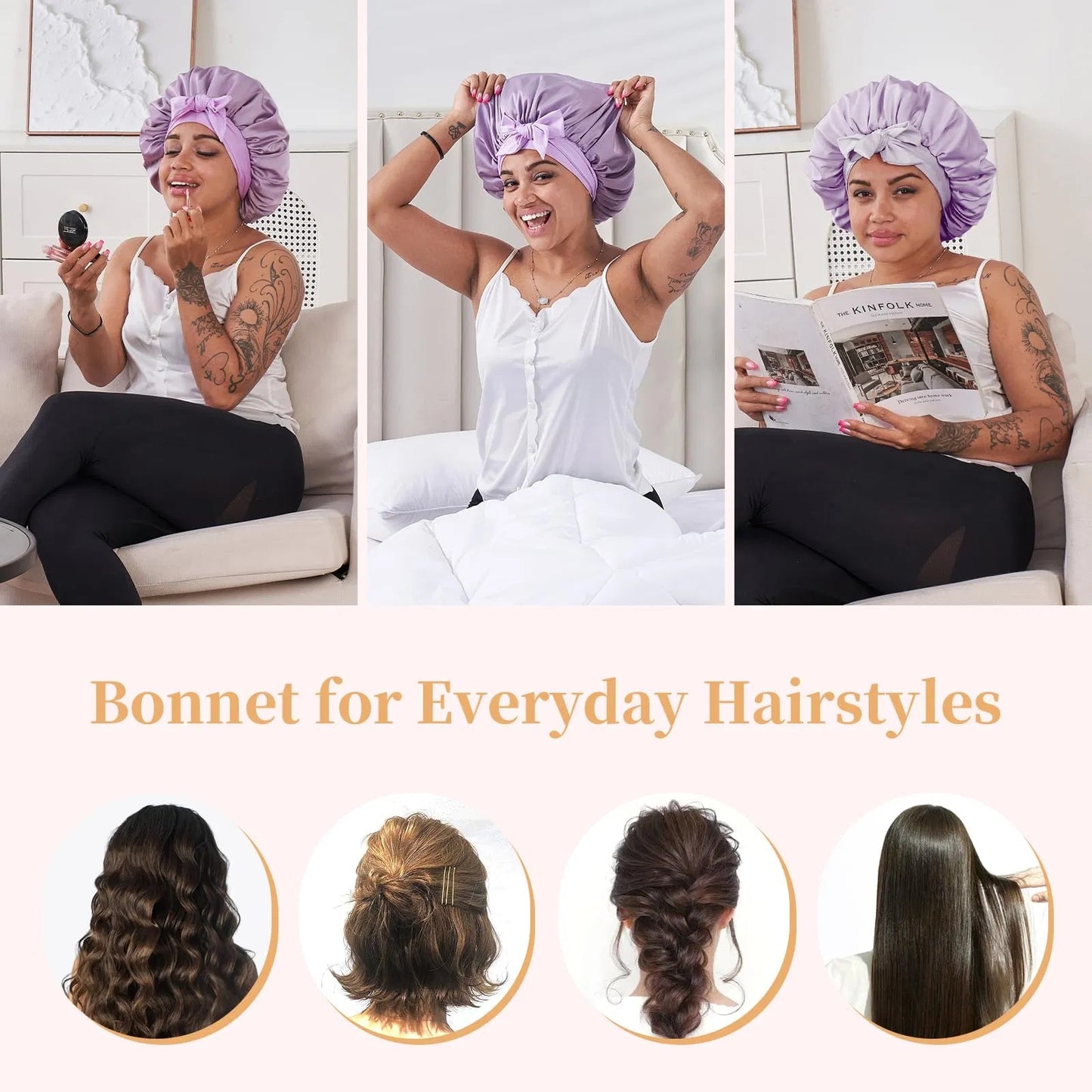 就寝用シルクボンネット、寝癖・くせ毛・天然パーマ用サテンヘアーボンネット（女性・男性兼用） - レッド
