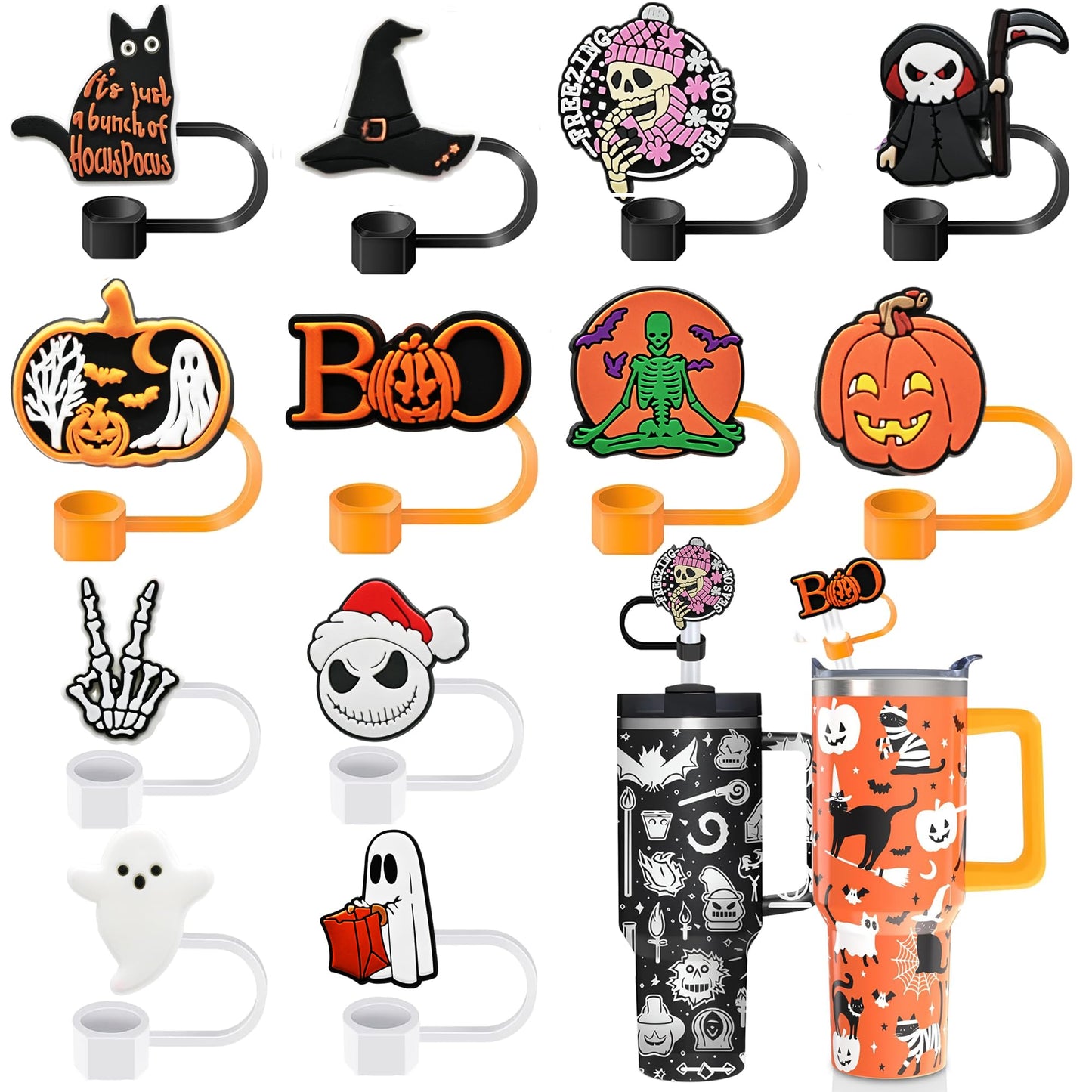 12個 ハロウィン ストローカバーキャップ スタンレーカップストローカバー スタンレー30&40オンスタンブラー用 再利用可能 ソフトシリコン ストロートッパー ストロープロテクター 10mmストロー用 ドリンクストローキャップ