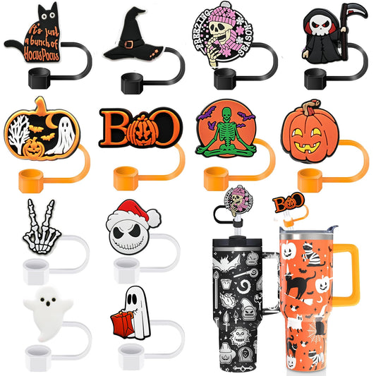 12PCS Halloween Straw Cover Cap for Stanley Cup Straw Cover for Stanley 30&40 Oz Tumbler Reusable Soft Silicone Straw Topper Straw Protectors Drinking Straw Caps for 10 mm Straws