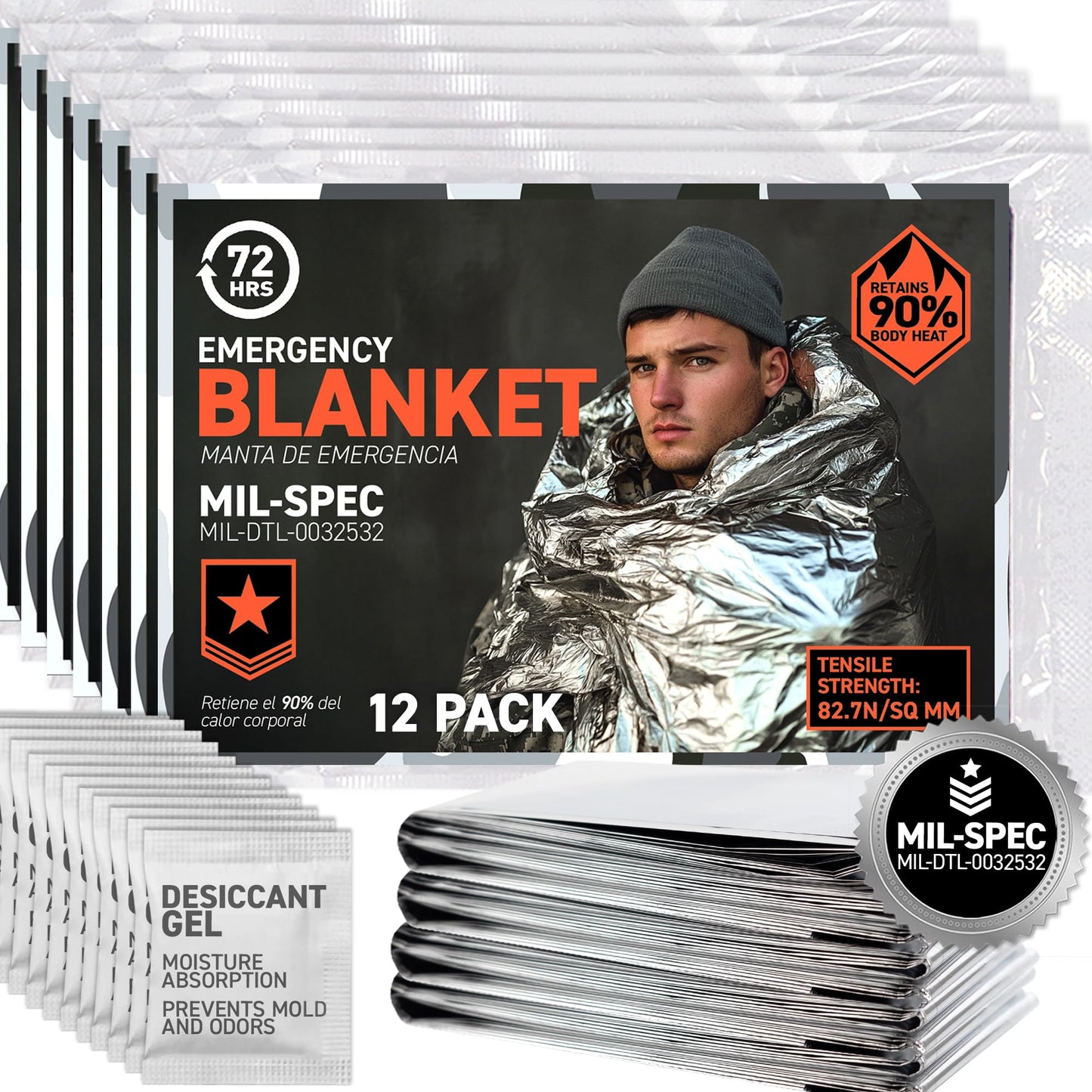 72 HRS MIL-SPEC 緊急用スペースブランケット – マイラー製サバイバルまたは緊急用保温ブランケット キャンプ、ハイキング、マラソン、応急処置、緊急時準備、悪天候シェルター用 (12枚パック)