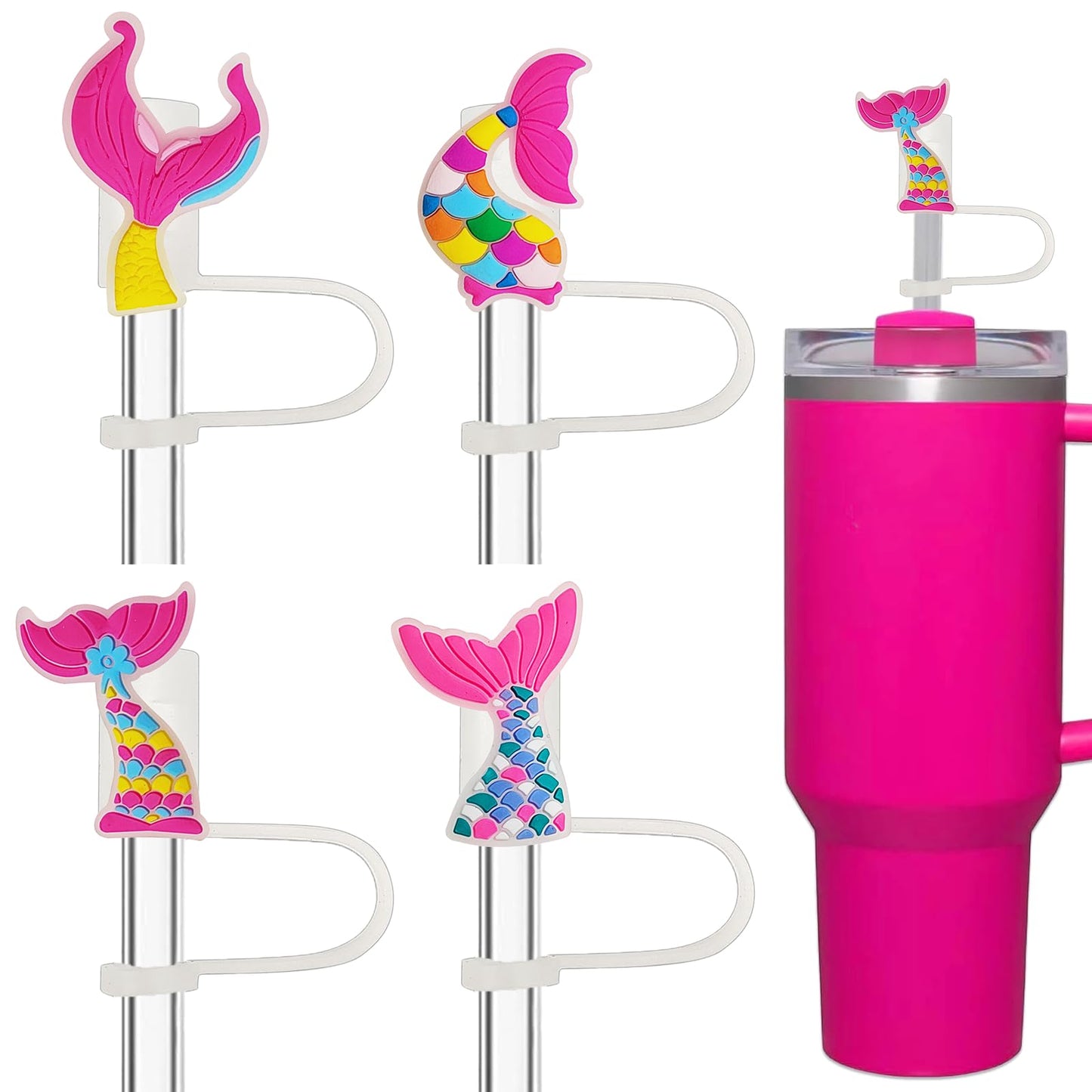 Amreich Mermaid Straw Topper 4 PCs Hot Pink Straw Covers Cap for Stanley Cup Silicone Straw Cover for 10mm Straw Tumblers Cute Stanley Accessories