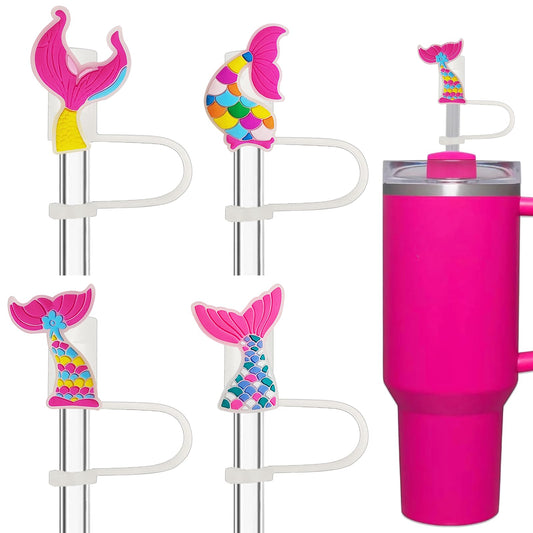Amreich Mermaid Straw Topper 4 PCs Hot Pink Straw Covers Cap for Stanley Cup Silicone Straw Cover for 10mm Straw Tumblers Cute Stanley Accessories