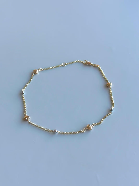 14k Solid Gold Heart Anklet 2mm Rolo, Adjustable 10 to 11 in w/ Gold Beads