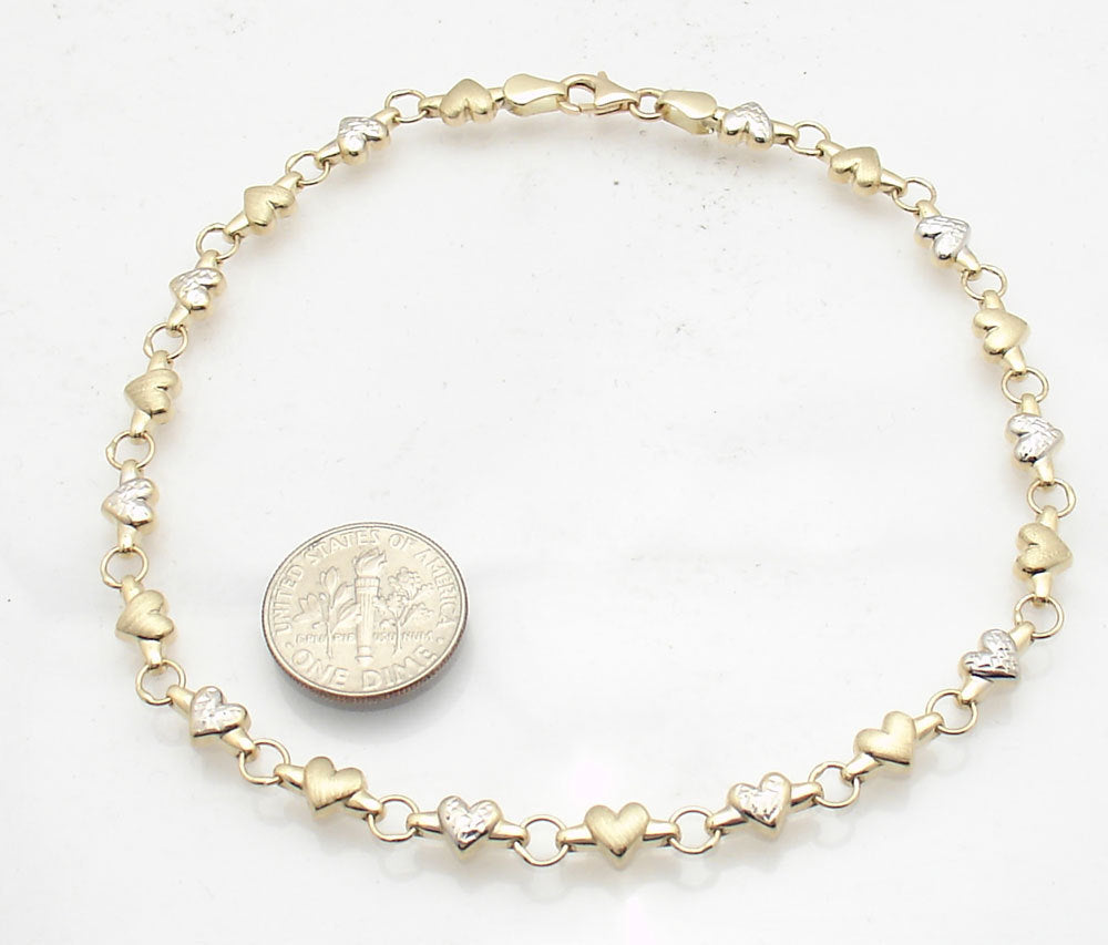 Heart Chain Anklet Ankle Bracelet Real 14K Yellow White Two-Tone Gold