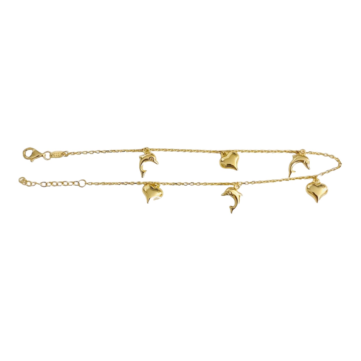 14K Solid Gold Anklet Bracelet - 3D Charms Heart - Dolphin - 10 Inches - AB771