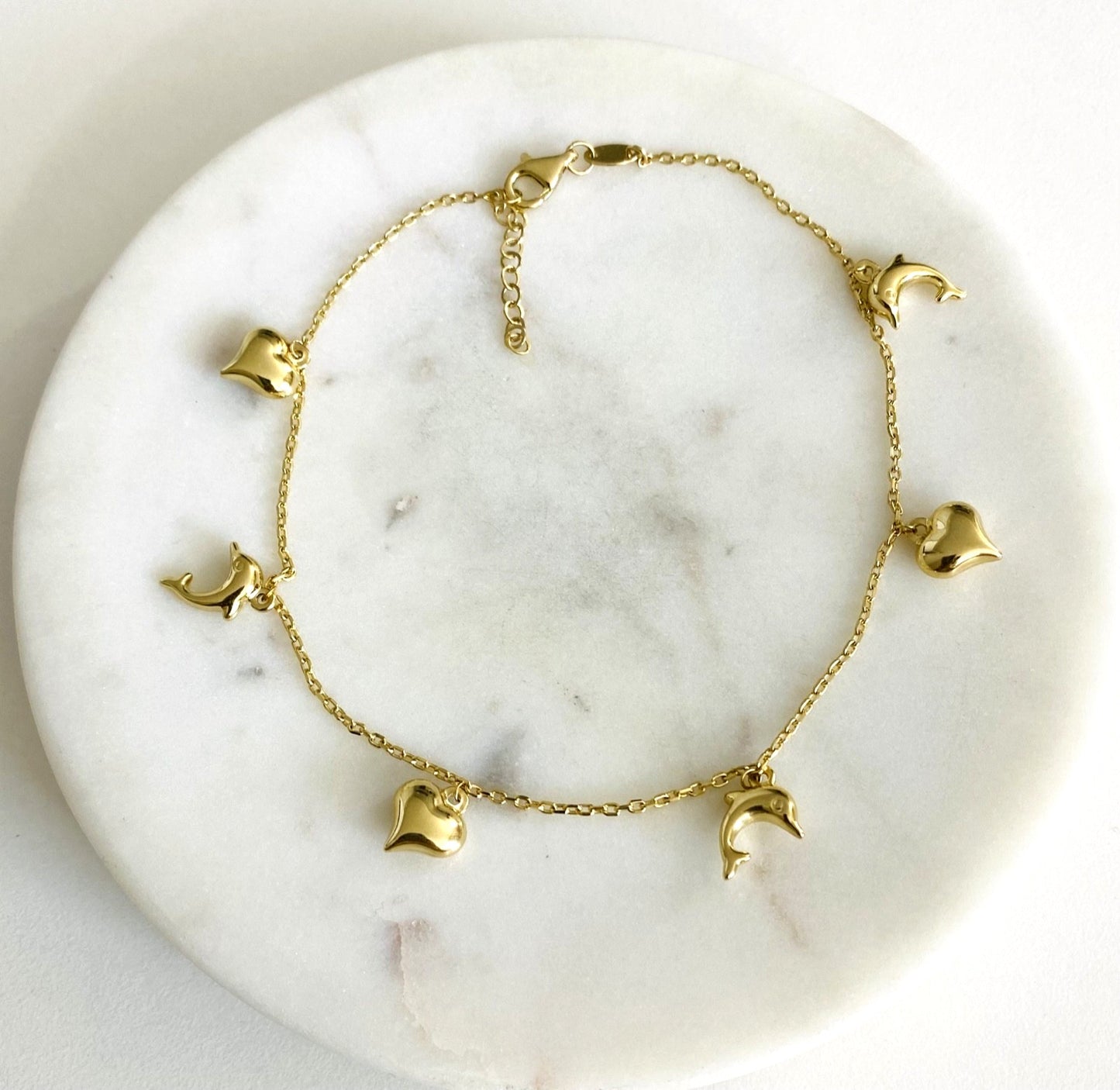 14K Solid Gold Anklet Bracelet - 3D Charms Heart - Dolphin - 10 Inches - AB771