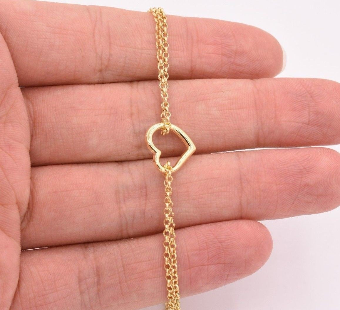 10" Open Shiny Heart Anklet Bracelet w/ Double Rolo Chain Real 10K Yellow Gold
