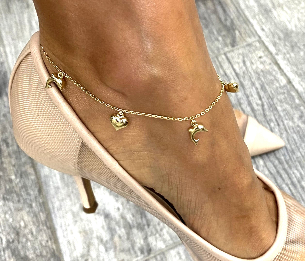 14K Solid Gold Anklet Bracelet - 3D Charms Heart - Dolphin - 10 Inches - AB771