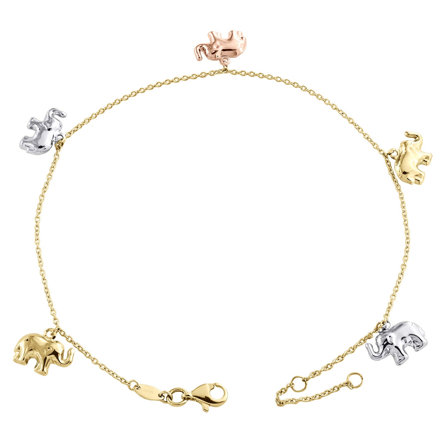 14K Tri-Color Gold Fancy Rolo Link Chain 10mm Elephant Charm Anklet 9"+ 1" Ext.