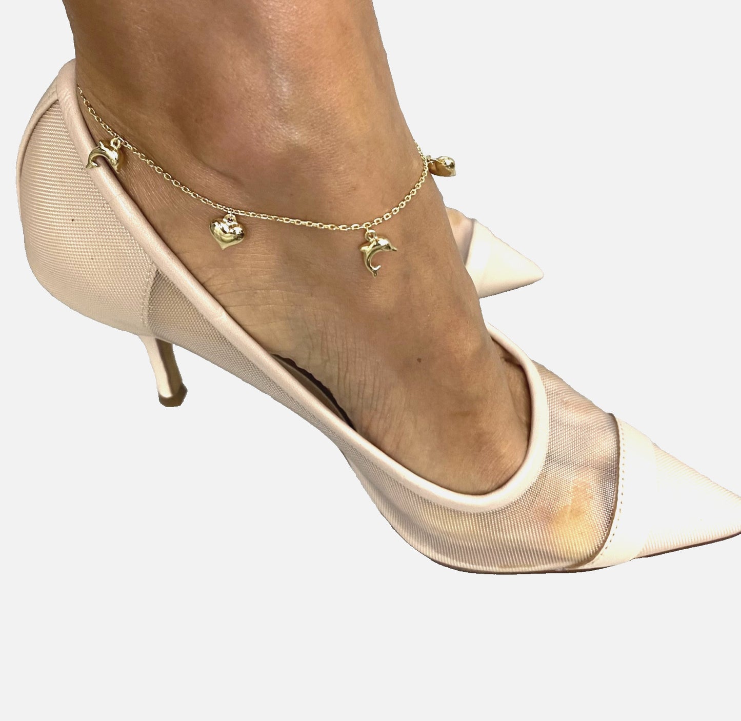 14K Solid Gold Anklet Bracelet - 3D Charms Heart - Dolphin - 10 Inches - AB771