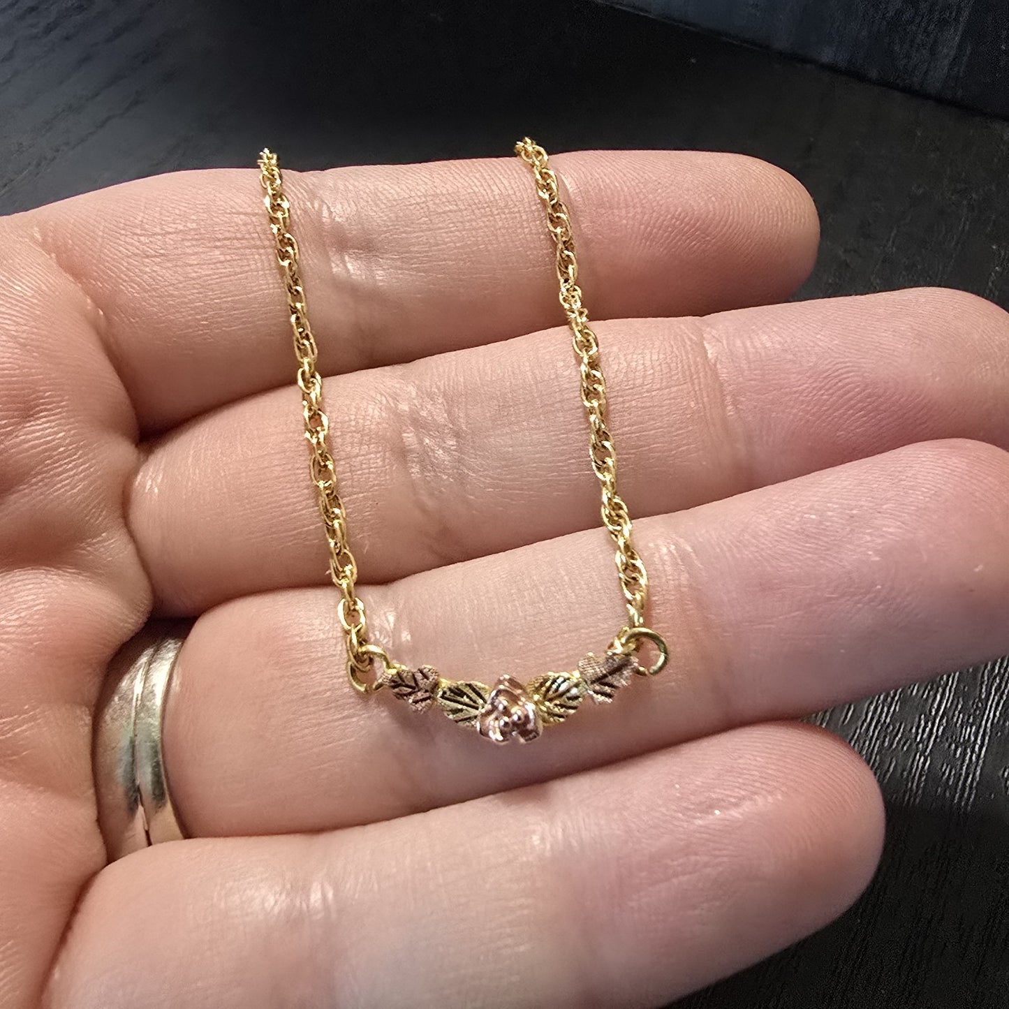 12K  Black Hills Gold Elegant Rose & Leaves Ankle Bracelet 9" GF Chain