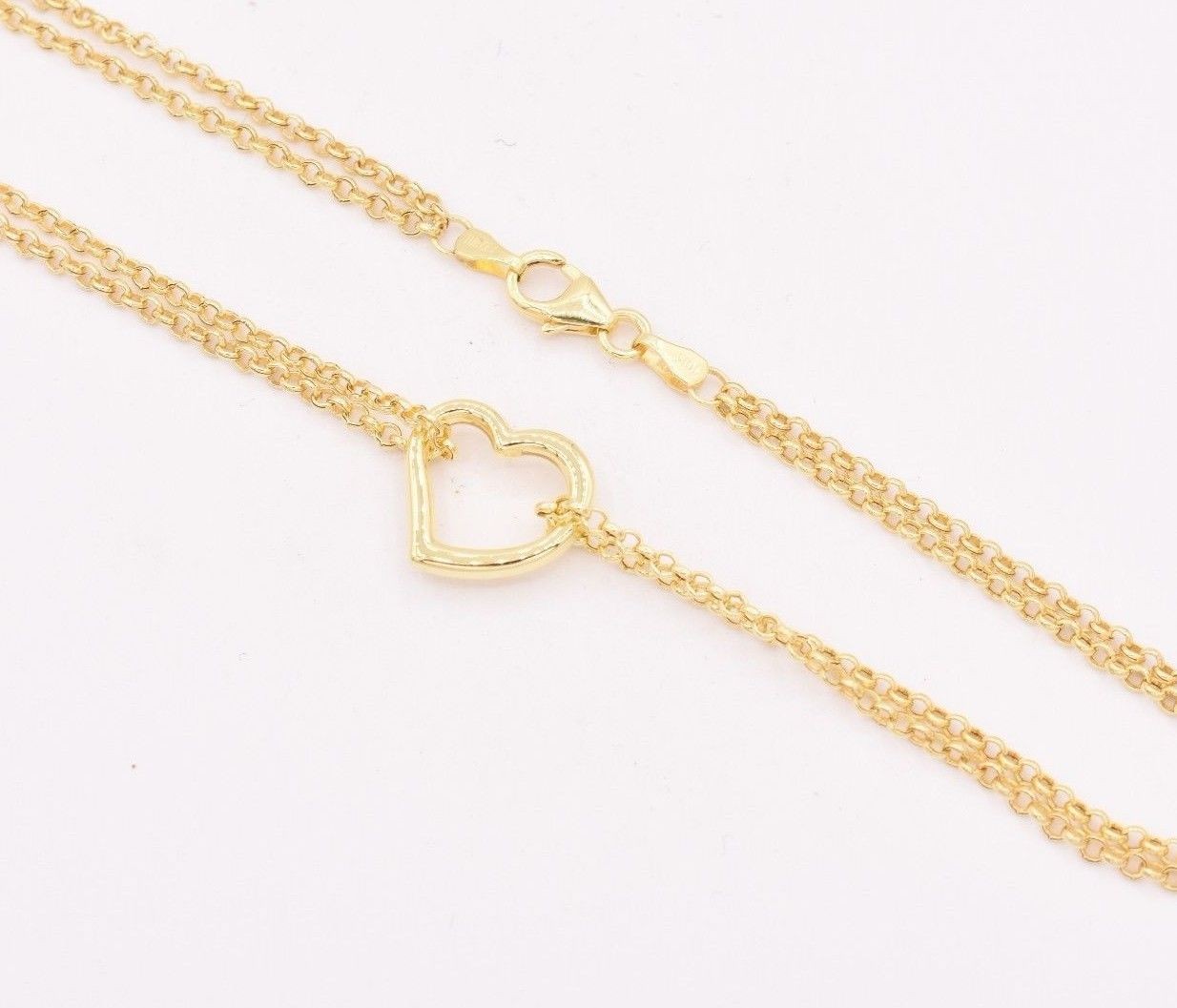 10" Open Shiny Heart Anklet Bracelet w/ Double Rolo Chain Real 10K Yellow Gold