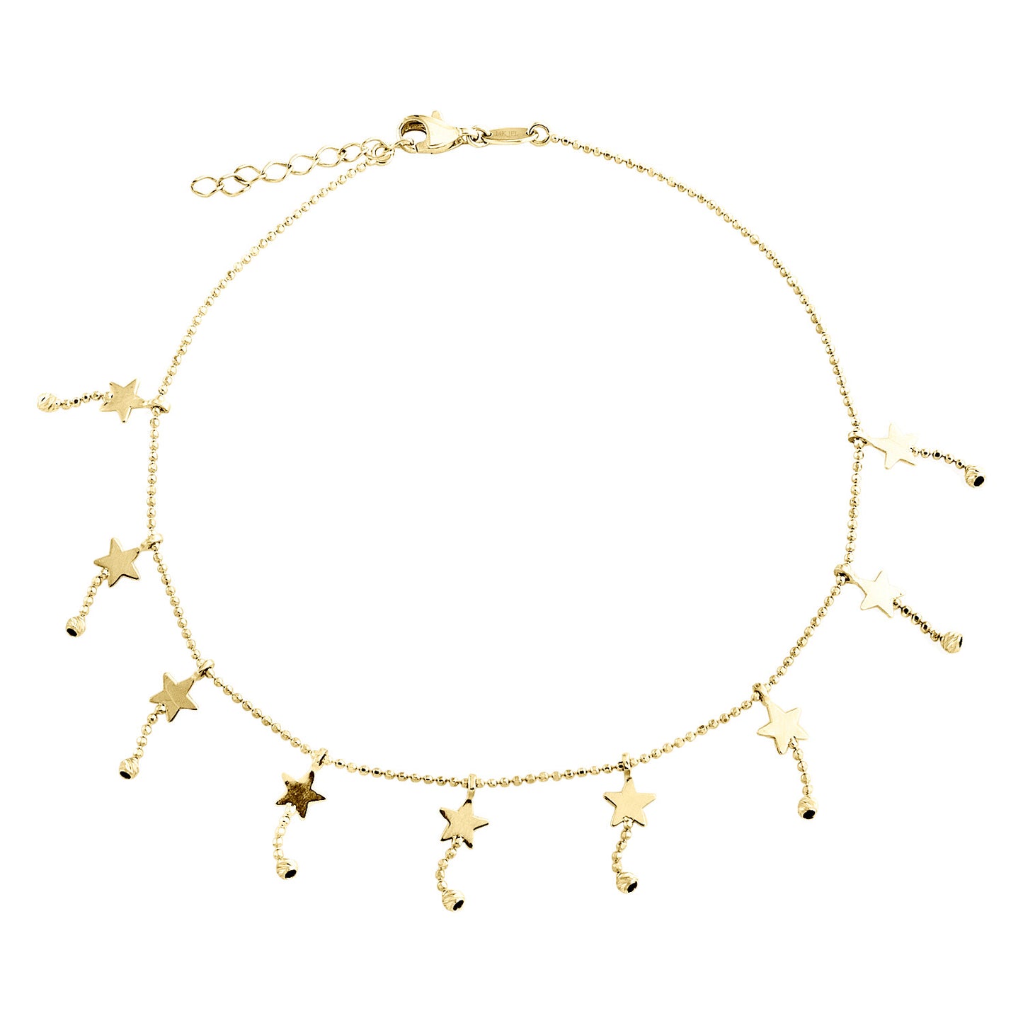 14K Yellow Gold Fancy Bead Link Chain Statement 14mm Star Charm Anklet 9"+1" Ext
