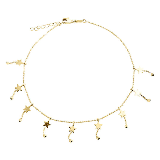 14K Yellow Gold Fancy Bead Link Chain Statement 14mm Star Charm Anklet 9"+1" Ext