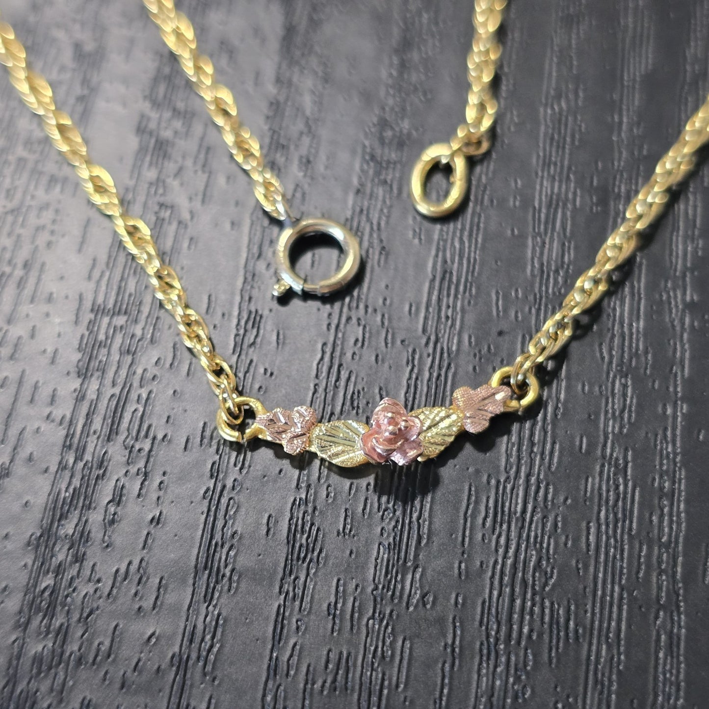 12K  Black Hills Gold Elegant Rose & Leaves Ankle Bracelet 9" GF Chain