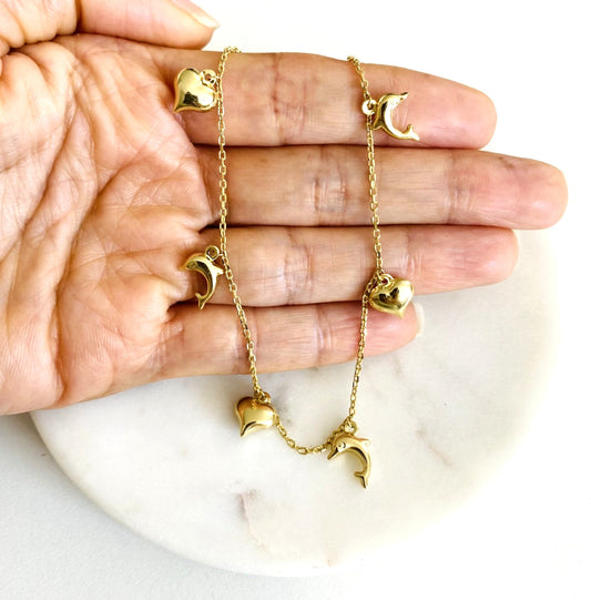 14K Solid Gold Anklet Bracelet - 3D Charms Heart - Dolphin - 10 Inches - AB771