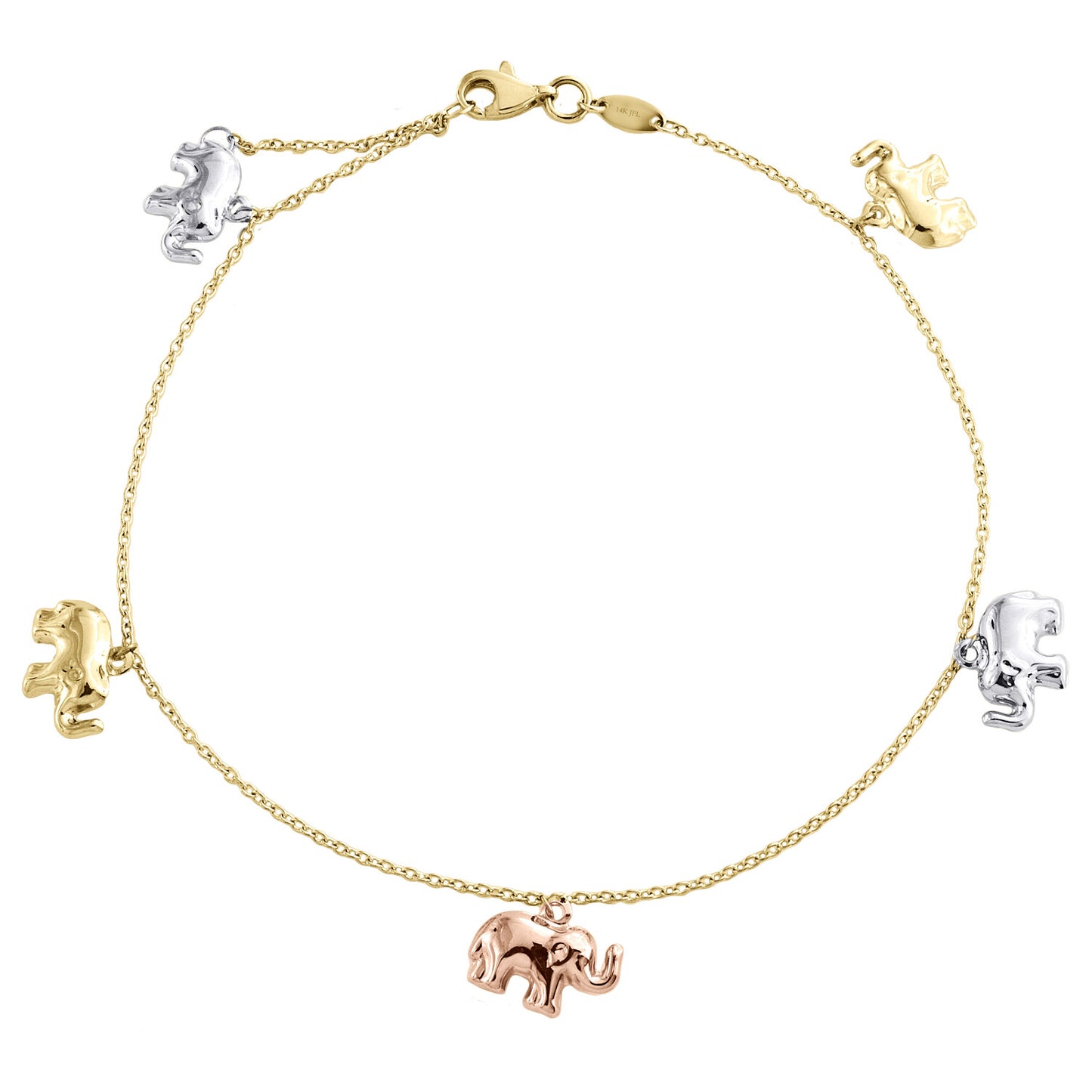 14K Tri-Color Gold Fancy Rolo Link Chain 10mm Elephant Charm Anklet 9"+ 1" Ext.