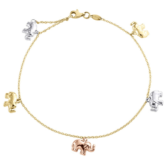 14K Tri-Color Gold Fancy Rolo Link Chain 10mm Elephant Charm Anklet 9"+ 1" Ext.