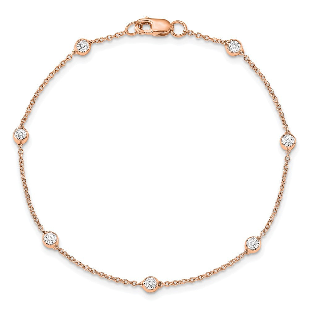 14k Rose Gold 1/2 Ct Round Lab Grown Diamond Station Rolo Chain Anklet 9"