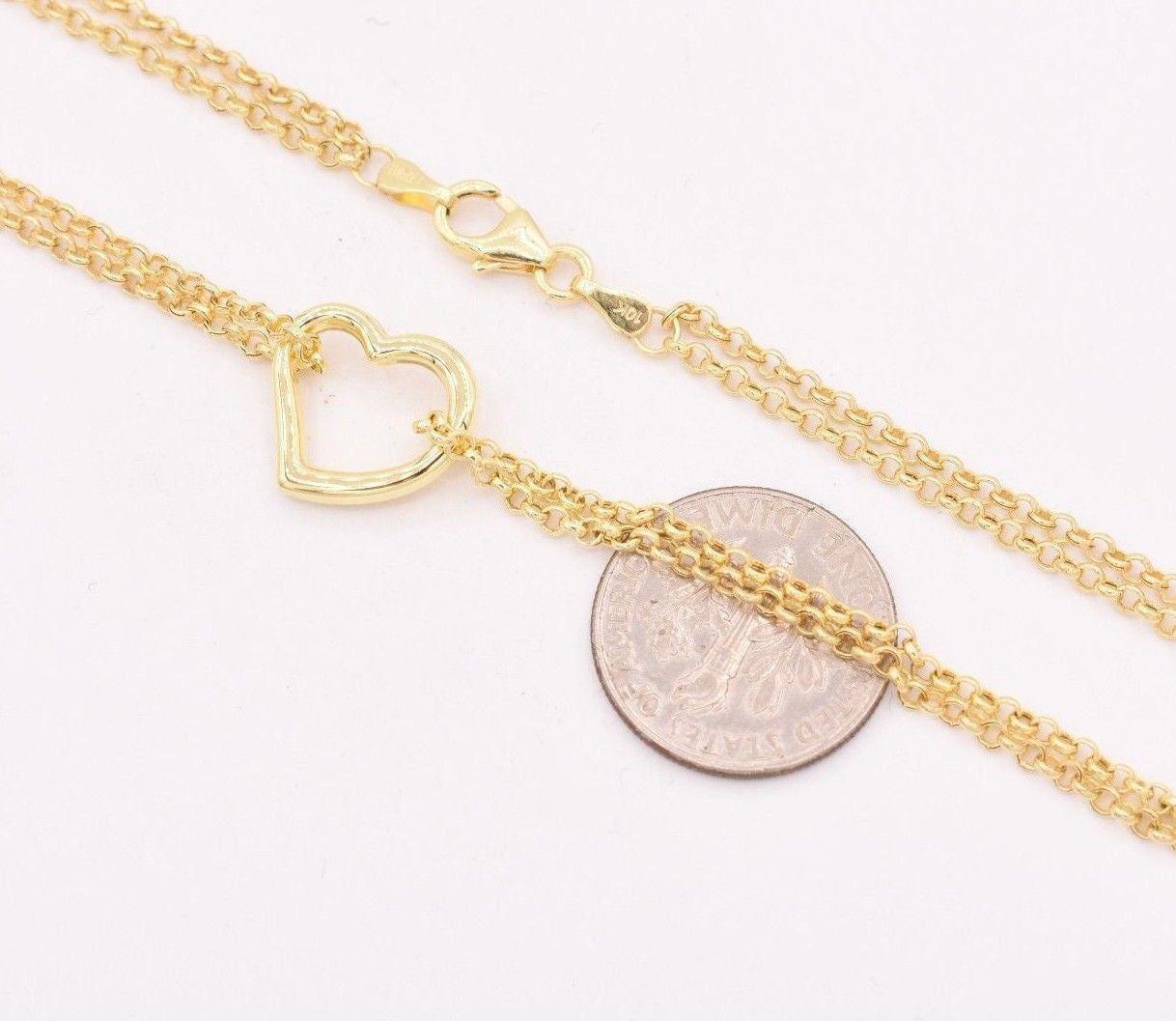 10" Open Shiny Heart Anklet Bracelet w/ Double Rolo Chain Real 10K Yellow Gold