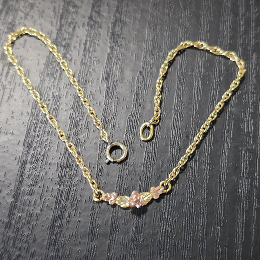 12K  Black Hills Gold Elegant Rose & Leaves Ankle Bracelet 9" GF Chain