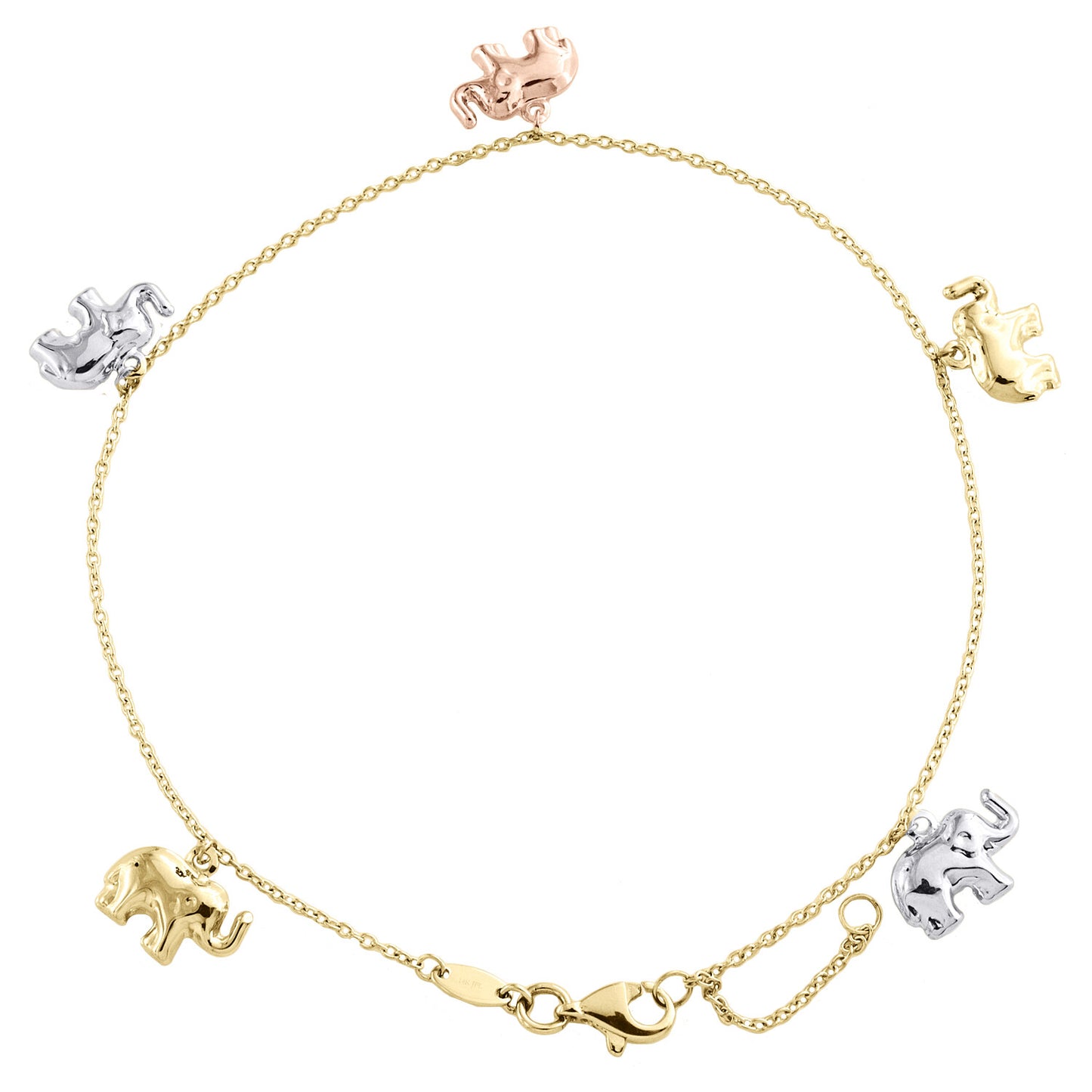 14K Tri-Color Gold Fancy Rolo Link Chain 10mm Elephant Charm Anklet 9"+ 1" Ext.