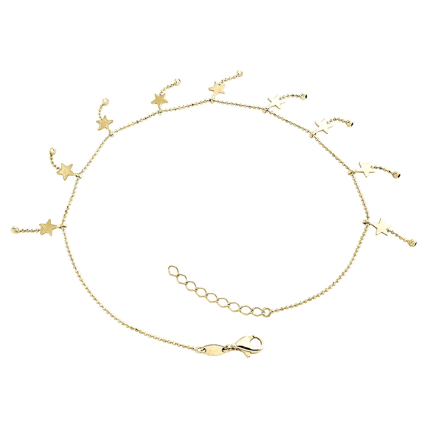 14K Yellow Gold Fancy Bead Link Chain Statement 14mm Star Charm Anklet 9"+1" Ext