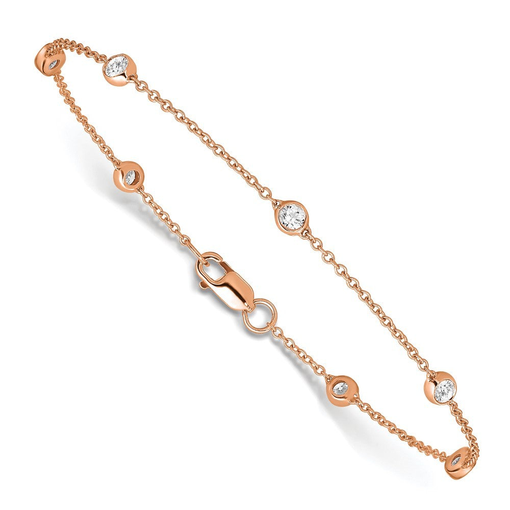 14k Rose Gold 1/2 Ct Round Lab Grown Diamond Station Rolo Chain Anklet 9"