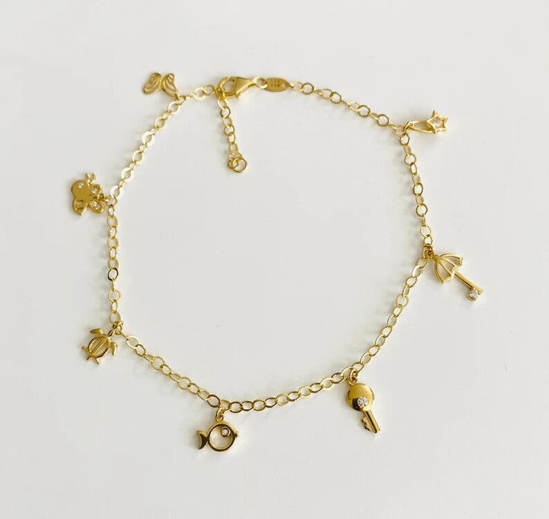 14K Solid Yellow Gold Anklet Bracelet  10" Long  -  7 Charms - AB770