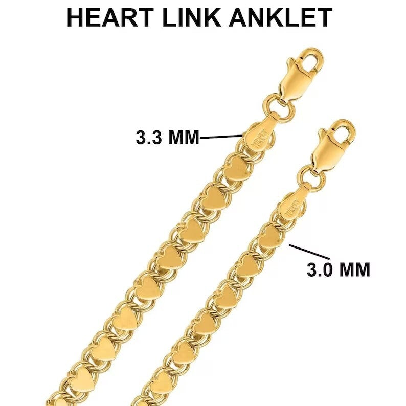 14k Solid Yellow Gold Heart Link Bracelet Anklet Chain,3.0mm or 3.3mm - 10" Inch
