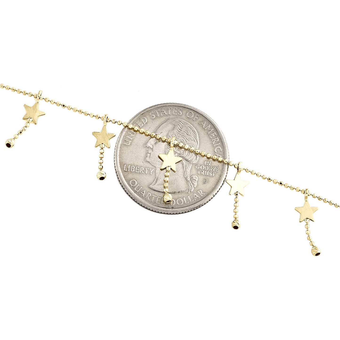 14K Yellow Gold Fancy Bead Link Chain Statement 14mm Star Charm Anklet 9"+1" Ext