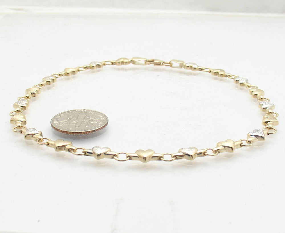 Heart Chain Anklet Ankle Bracelet Real 14K Yellow White Two-Tone Gold