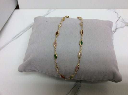 14k Yellow Real Gold Multi Color Stone Link Ankle Bracelet 10''