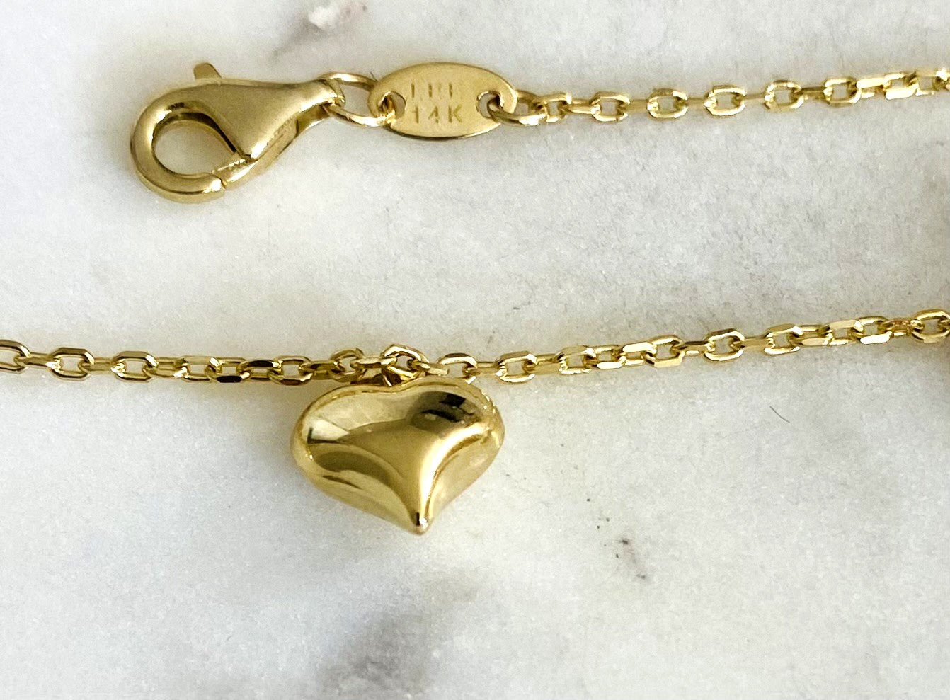 14K Solid Gold Anklet Bracelet - 3D Charms Heart - Dolphin - 10 Inches - AB771