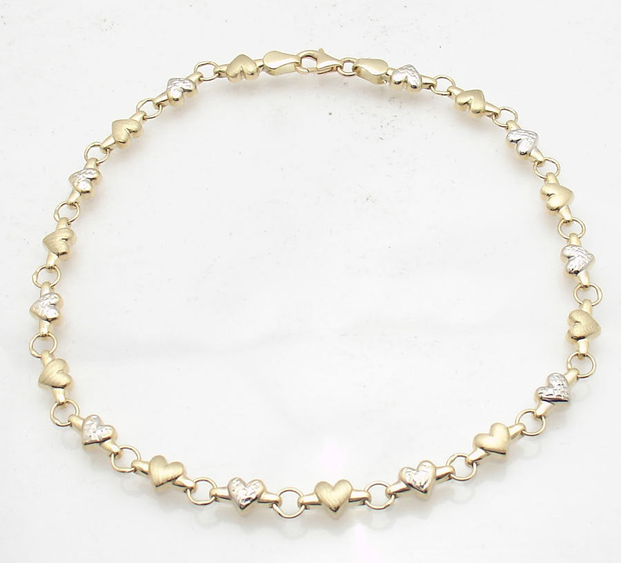 Heart Chain Anklet Ankle Bracelet Real 14K Yellow White Two-Tone Gold